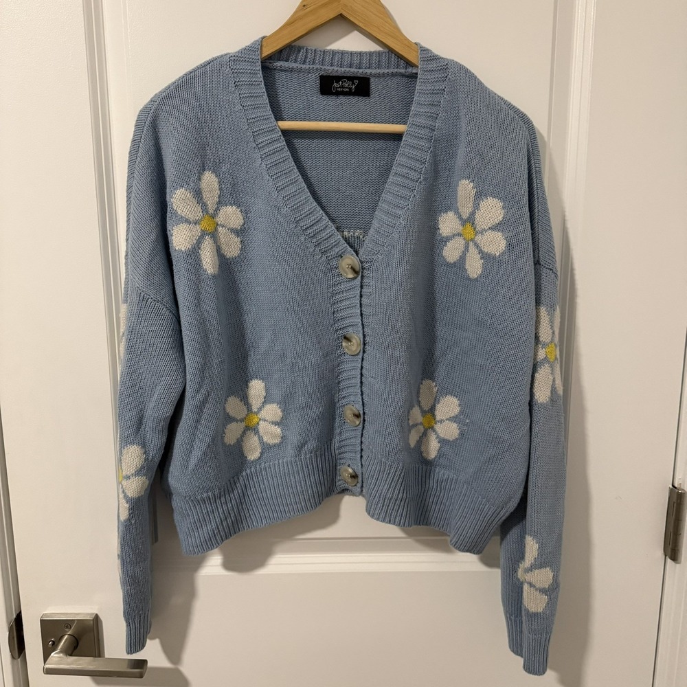 Just Polly Blue Daisy V-Neck Boxy Oversized Womens Sweater Cardigan New York L